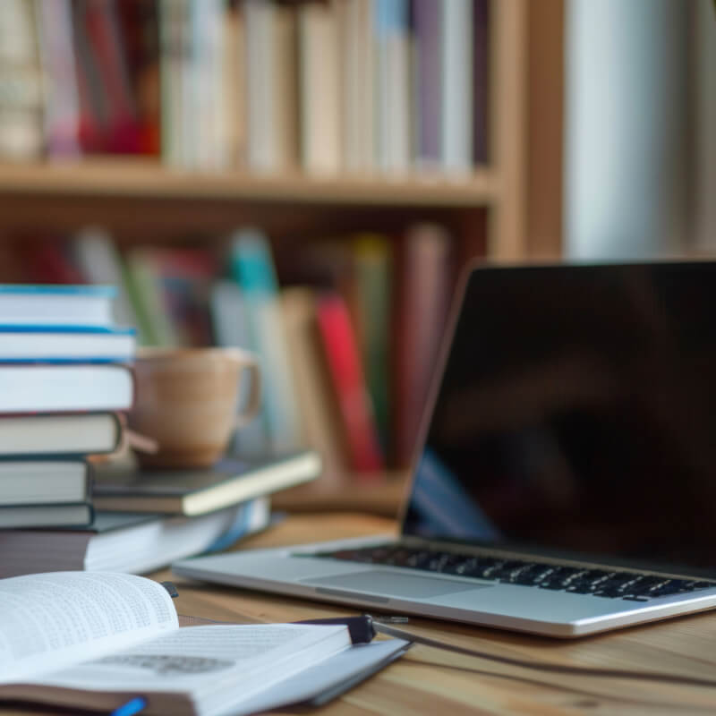 Table with a computer and books with a bookshelf with books in the background.